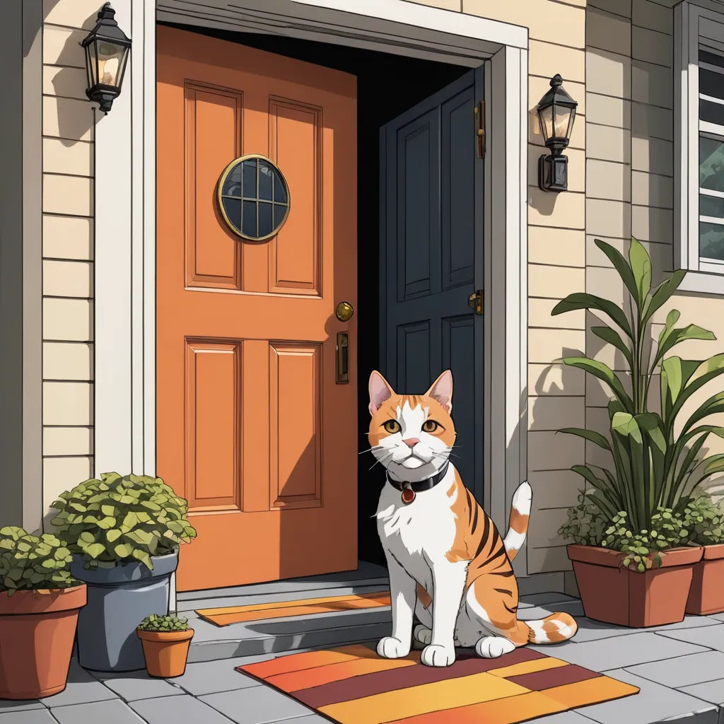 a cat sitting on a rug in front of a door with a potted plant next to it and a potted plant, furry art, a comic book panel, Chris Ware, official art