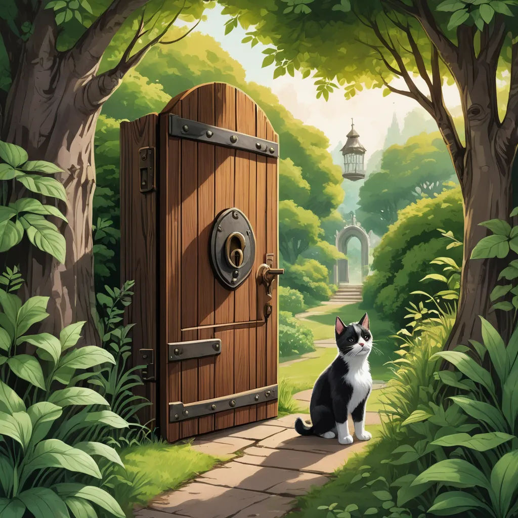 a cat sitting in front of a door in a forest with a light house in the background and a path leading to it, fantasy art, a storybook illustration, Chris LaBrooy, storybook illustration