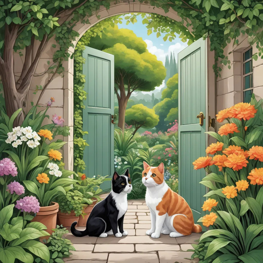 a cat and a dog are sitting in a garden with flowers and a doorway to a green door that leads to a garden, naive art, a storybook illustration, Alison Kinnaird, storybook illustration