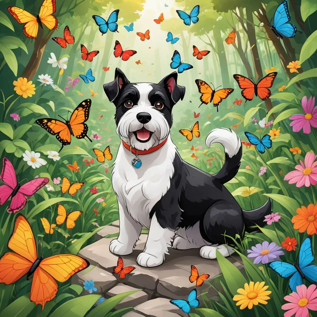 a dog sitting on a rock surrounded by butterflies and flowers in a forest with a butterfly - like background, lyco art, a storybook illustration, David Brewster, official art