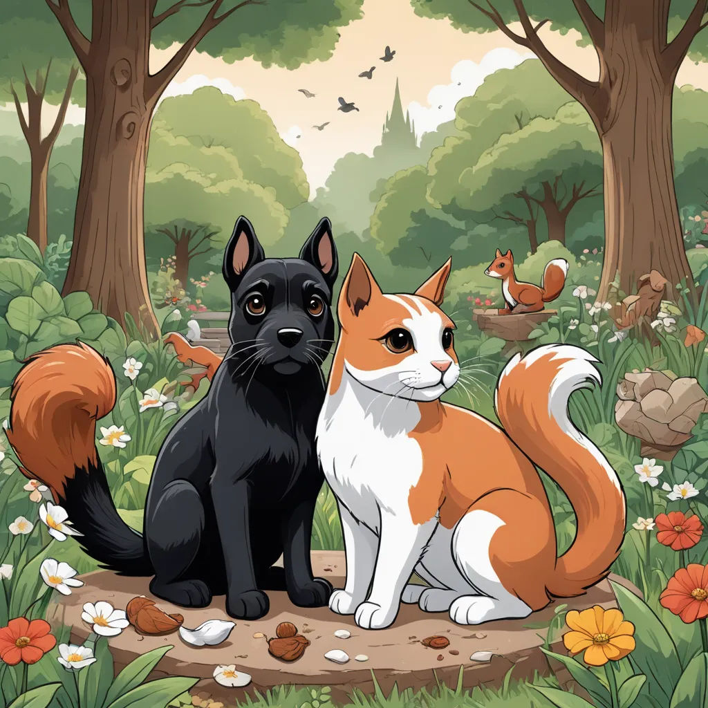 a couple of cats sitting next to each other in a forest filled with flowers and trees, with a bird flying overhead, sots art, a storybook illustration, David Gilmour Blythe, game art