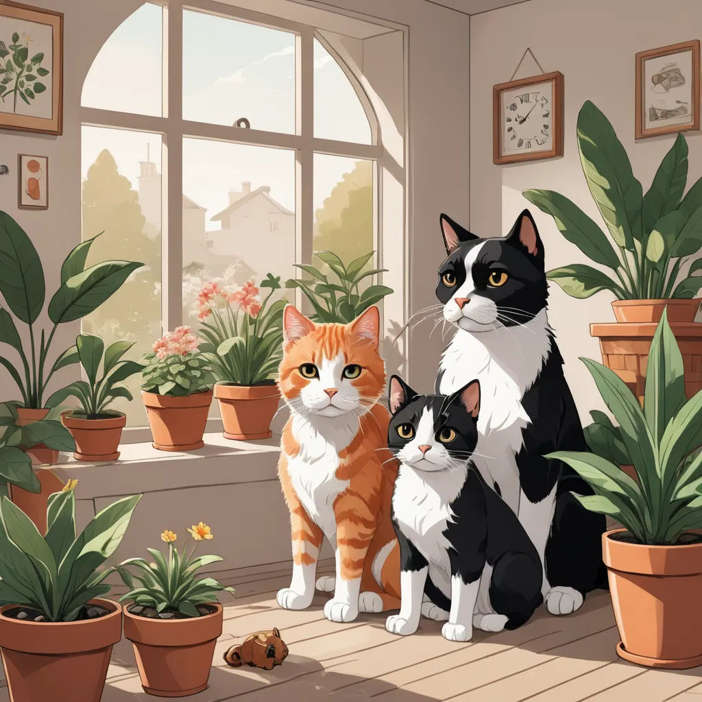 a couple of cats sitting next to each other in front of potted plants and a window with a clock, sots art, an album cover, Felicity Charlton, key art