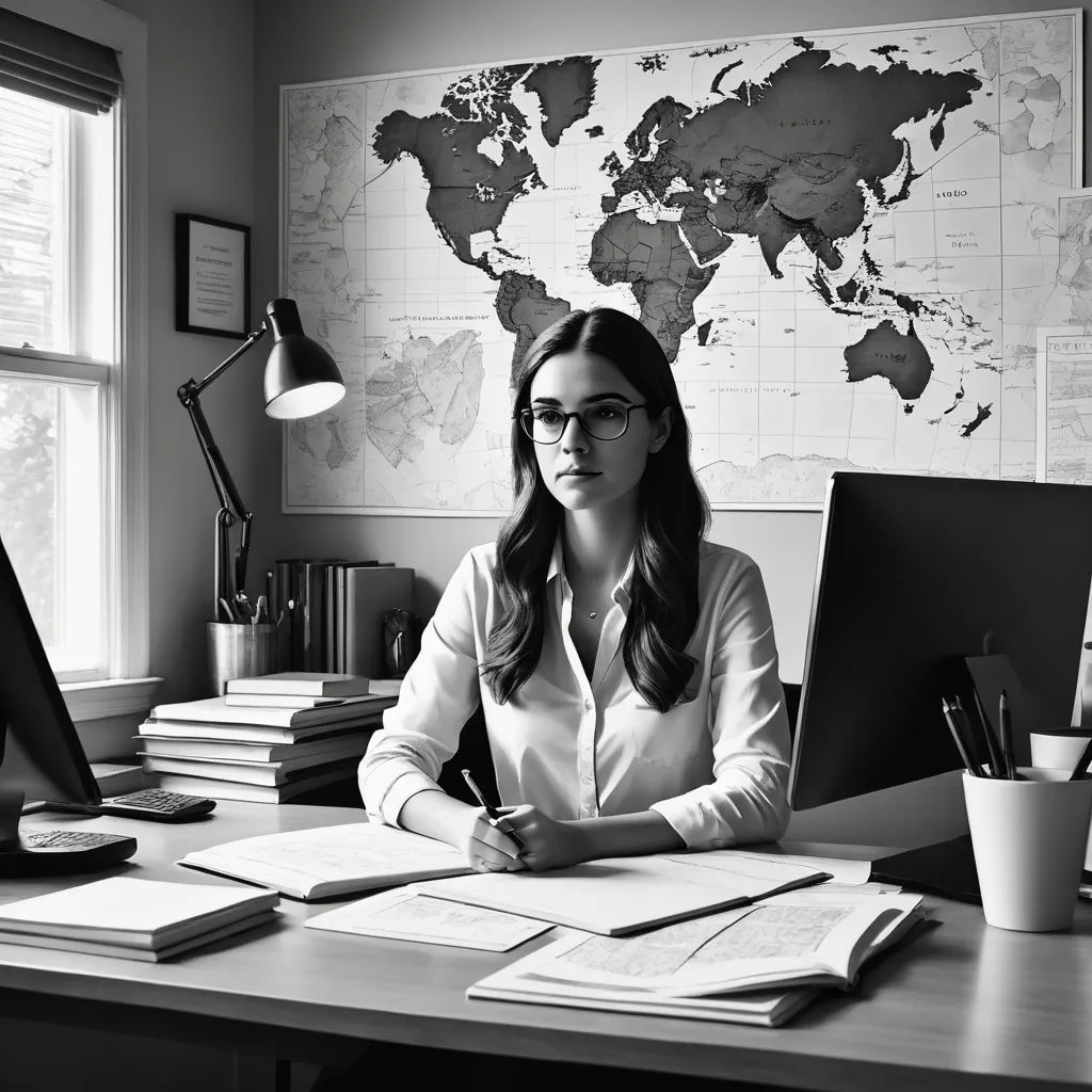 a woman sitting at a desk with a laptop and a monitor on it, in front of a map, academic art, a black and white photo, Claire Falkenstein, promotional image