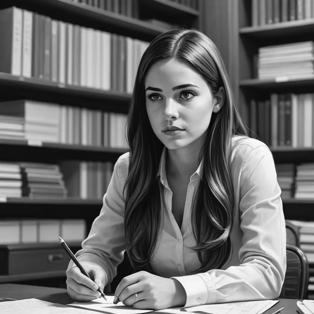 a woman sitting at a desk with a pen and paper in front of her and a bookcase behind her, academic art, an ultrafine detailed painting, Eric Zener, photorealistic portrait