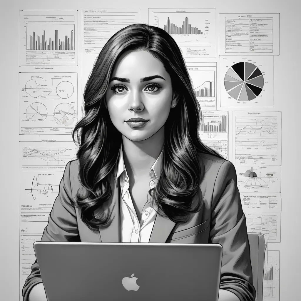 a woman sitting at a desk with a laptop computer in front of her, with a lot of info behind her, computer art, computer graphics, Artgerm, professional digital painting