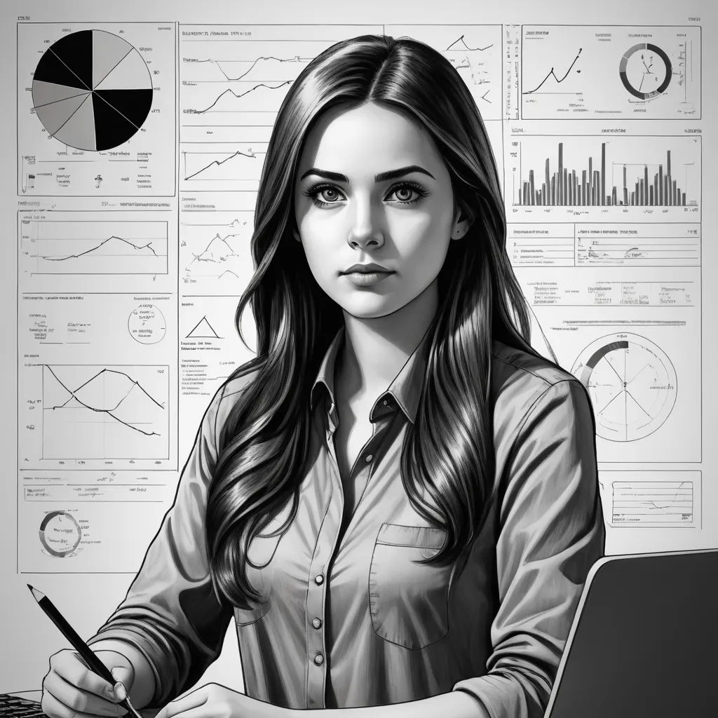 a woman sitting at a desk with a laptop and pen in her hand and a graphic on the wall behind her, computer art, computer graphics, Artgerm, trending on art station