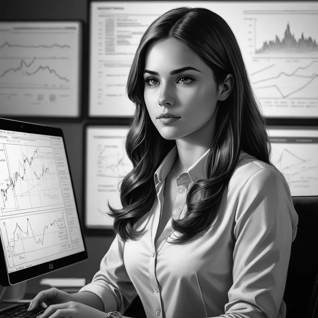 a woman sitting at a desk with a laptop computer in front of her and a bunch of graphs on the wall behind her, computer art, computer graphics, Artgerm, ultra realistic illustration