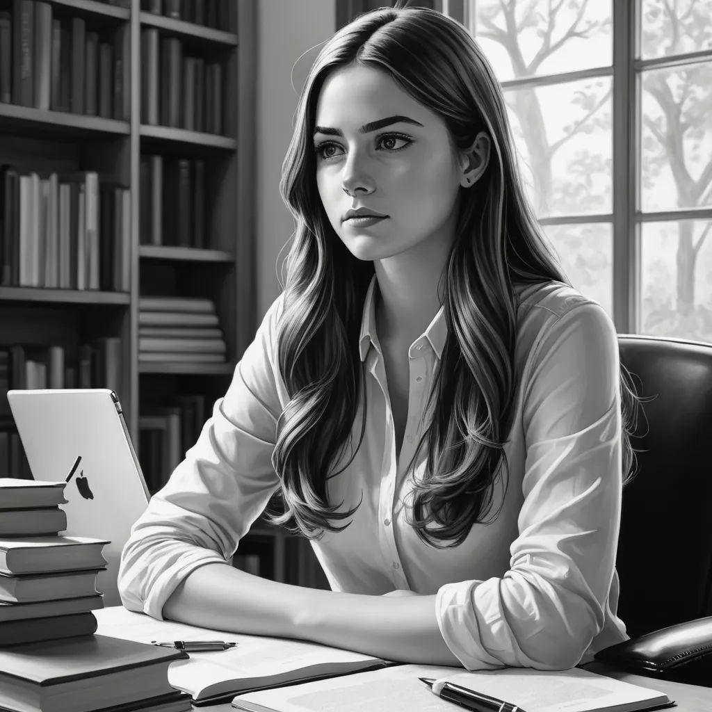 a woman sitting at a desk with a laptop computer in front of her and books on the desk behind her, academic art, an ultrafine detailed painting, Artgerm, professional digital painting