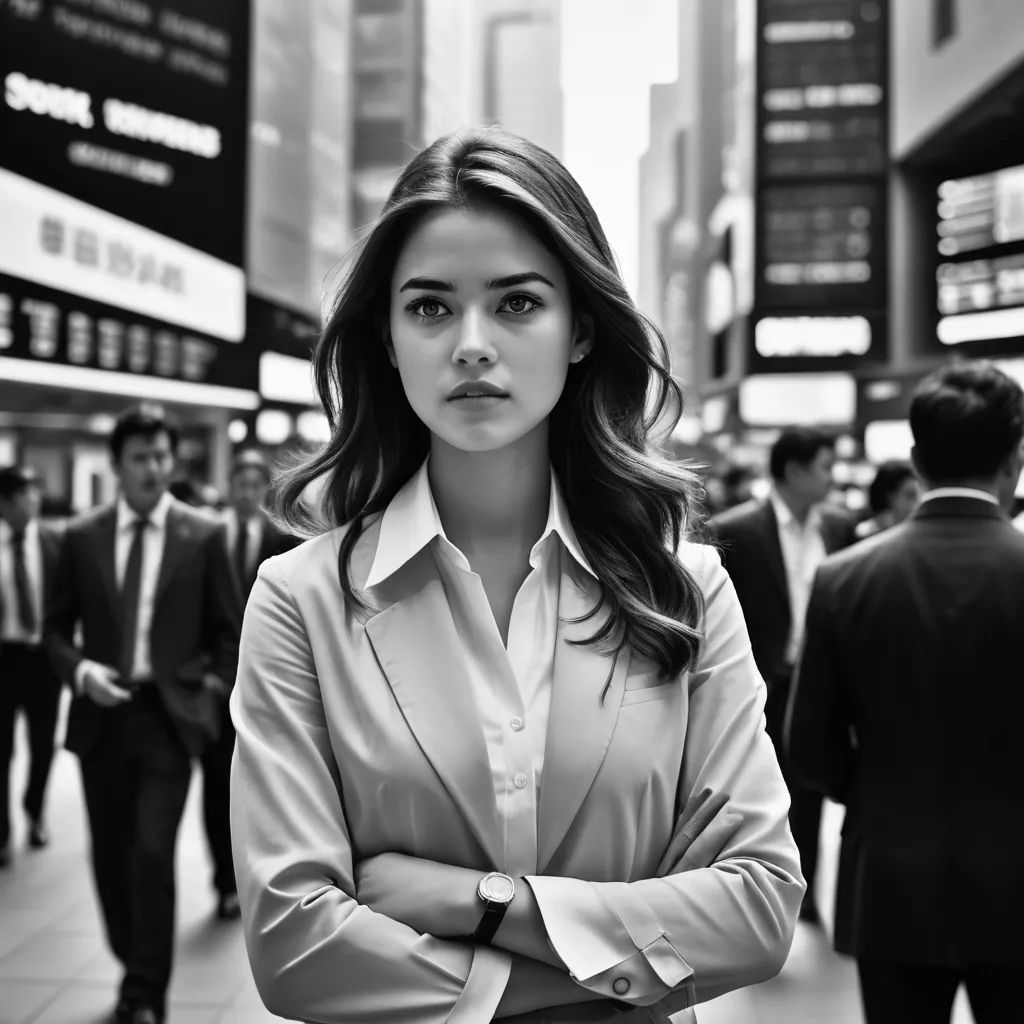 a woman in a suit standing in a busy city street with her arms crossed and her head tilted to the side, neoism, a black and white photo, Chizuko Yoshida, woman