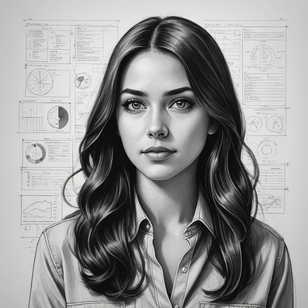 a drawing of a woman with long hair and a shirt on, with a lot of diagrams behind her, computer art, an ultrafine detailed painting, Artgerm, detailed portrait