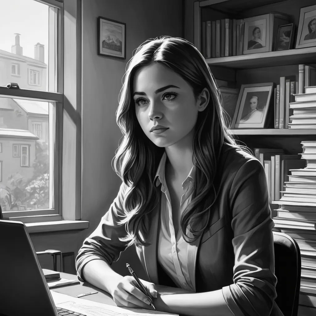 a woman sitting at a desk with a laptop computer in front of her and a bookcase behind her, academic art, an ultrafine detailed painting, Charlie Bowater, professional digital painting