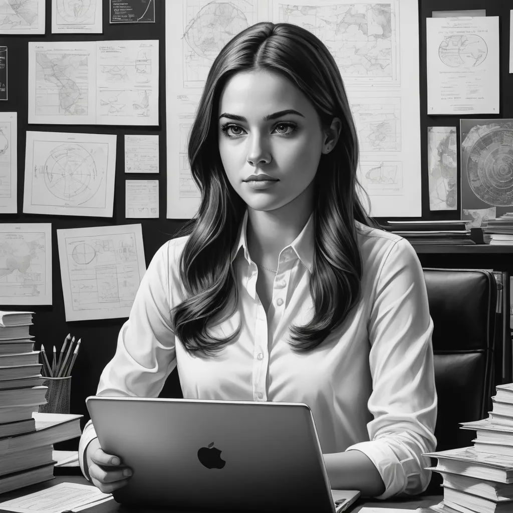 a woman sitting at a desk with a laptop computer in front of her and a stack of books behind her, computer art, computer graphics, Artgerm, professional digital painting