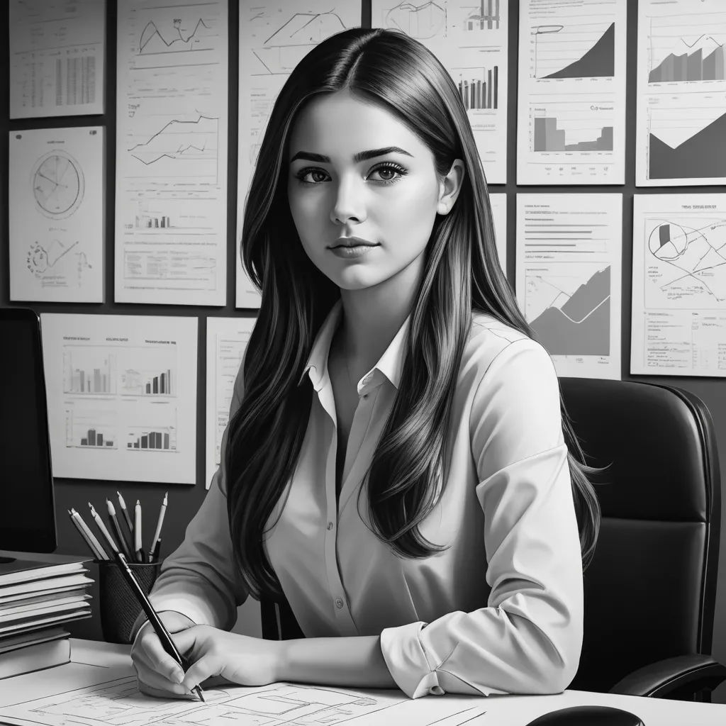 a woman sitting at a desk with a pen and paper in her hand and a lot of papers on the wall behind her, academic art, a stock photo, Elina Karimova, ultra realistic illustration