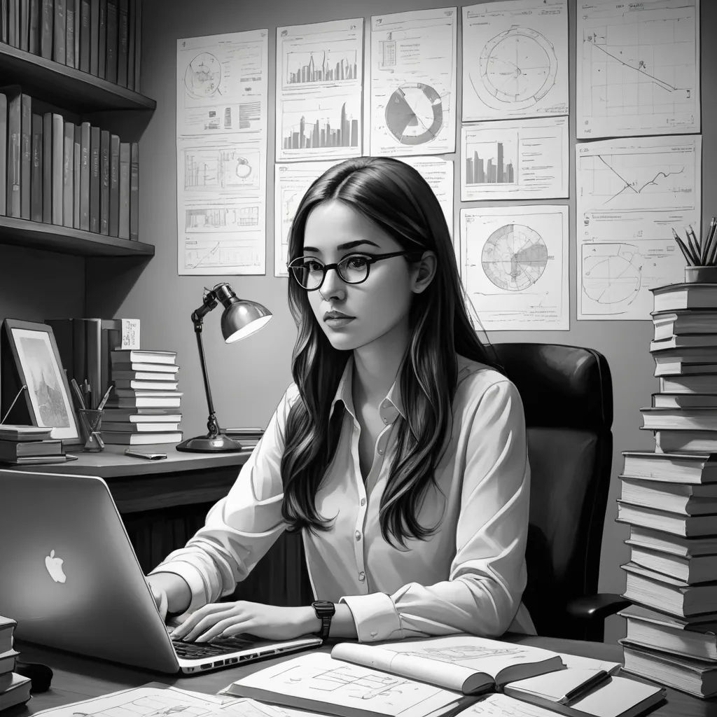 a woman sitting at a desk with a laptop computer in front of her and a stack of books on the desk, computer art, computer graphics, Artgerm, professional digital painting