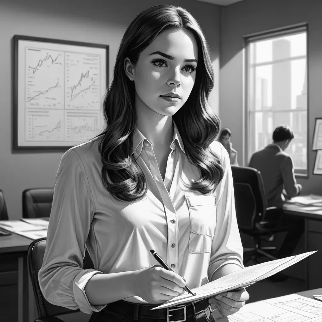 a woman in a shirt is holding a pen and paper in an office setting with a man in the background, serial art, a comic book panel, Artgerm, stanley artgerm lau