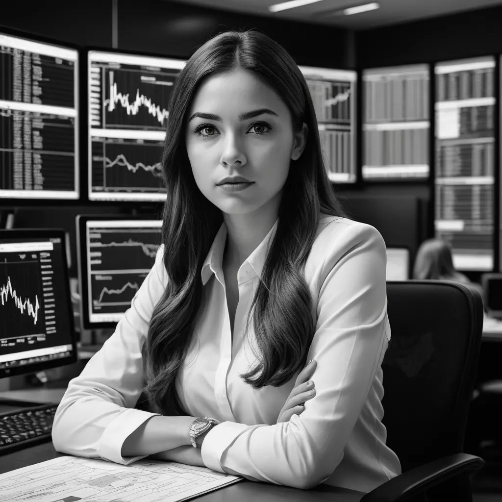a woman sitting at a desk in front of a monitor with a stock chart on it and a laptop, computer art, a stock photo, Elina Karimova, professional