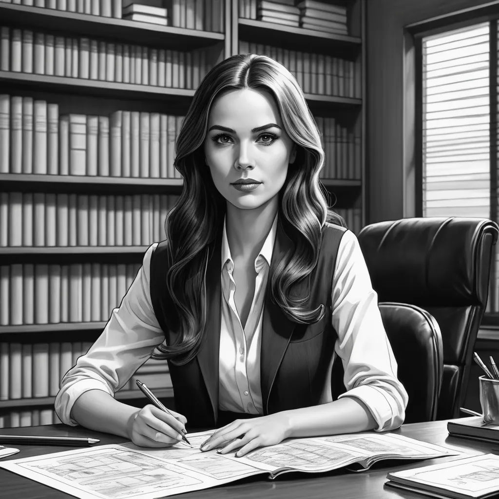a woman sitting at a desk with a book and pen in her hand and a bookcase behind her, academic art, a character portrait, Artgerm, professional digital painting