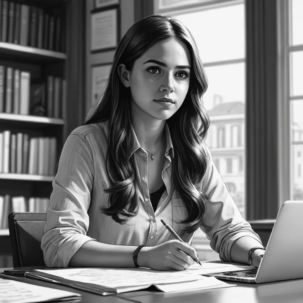 a woman sitting at a desk with a laptop computer in front of her and a bookcase behind her, academic art, an ultrafine detailed painting, Artgerm, professional digital painting