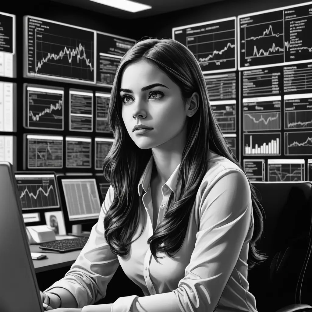 a woman sitting at a desk with a laptop computer in front of her and a wall of stock chart on the wall, computer art, computer graphics, Artgerm, ultra realistic illustration