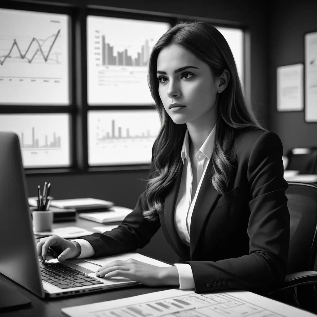a woman in a suit sitting at a desk with a laptop computer and papers on it, with a chart on the wall behind her, computer art, a stock photo, Elina Karimova, professional