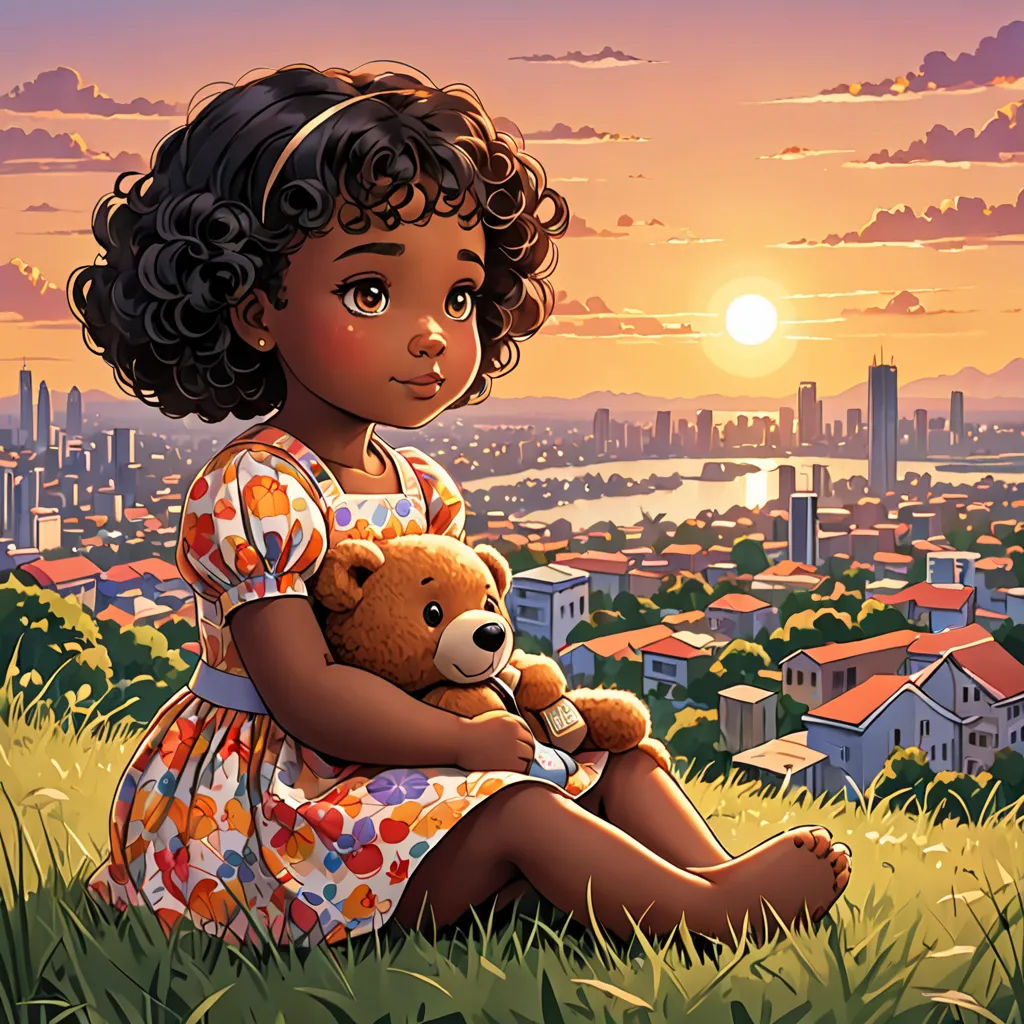 a little girl sitting on a hill holding a teddy bear in front of a cityscape at sunset, serial art, a storybook illustration, Chinwe Chukwuogo-Roy, comic cover art