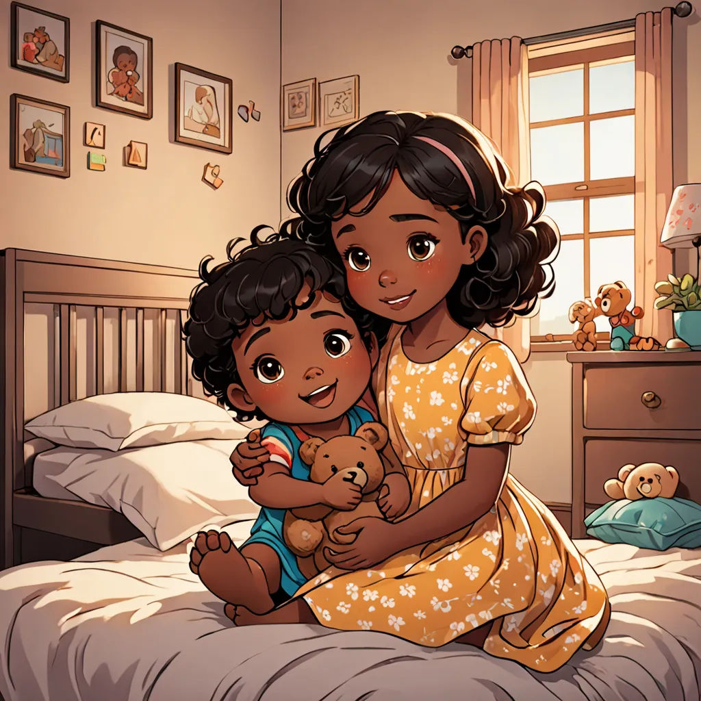 a little girl holding a baby in her arms on a bed with a teddy bear in her lap and a teddy bear in her lap, temporary art, a storybook illustration, Felix-Kelly, comic cover art