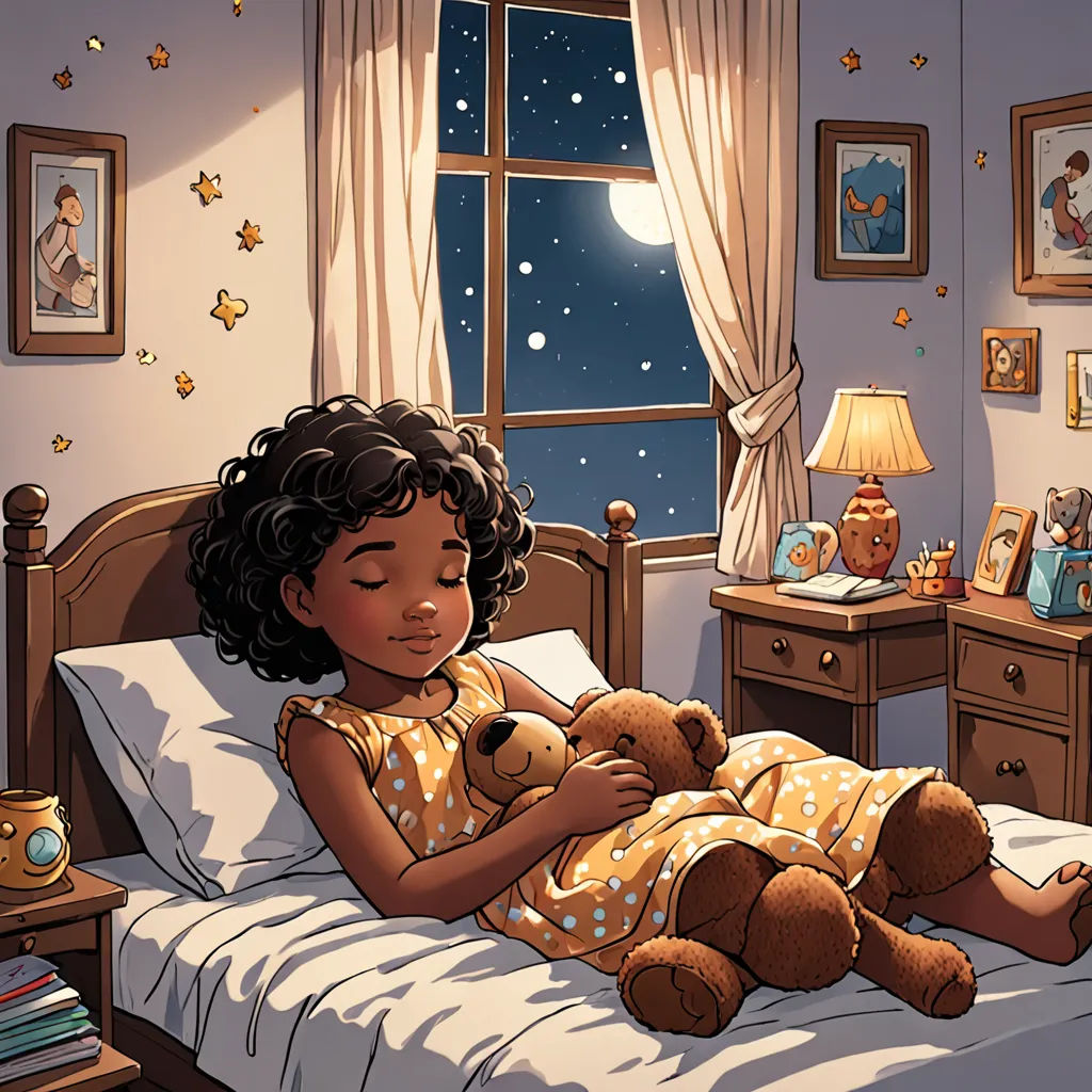 a little girl laying in bed with a teddy bear in her arms and a night sky outside the window, magical realism, a storybook illustration, Cliff Childs, storybook illustration