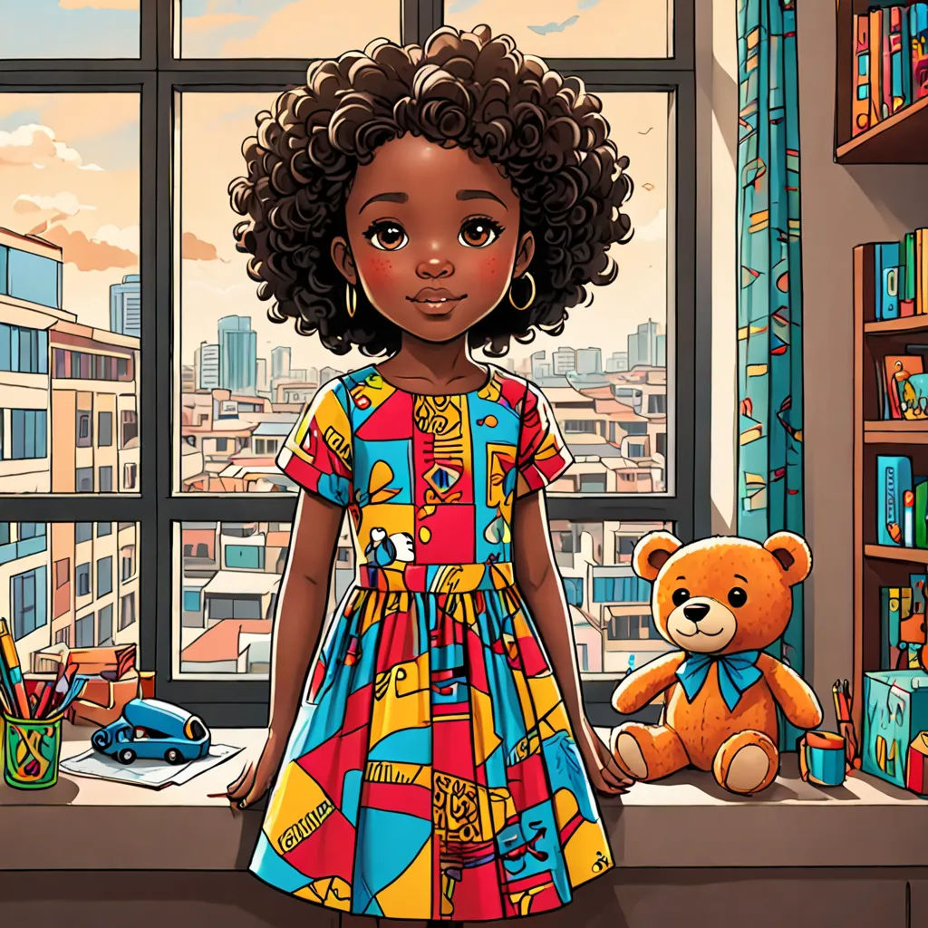 a cartoon girl in a colorful dress standing in front of a window with a teddy bear and a toy, afrofuturism, a storybook illustration, Chinwe Chukwuogo-Roy, comic cover art