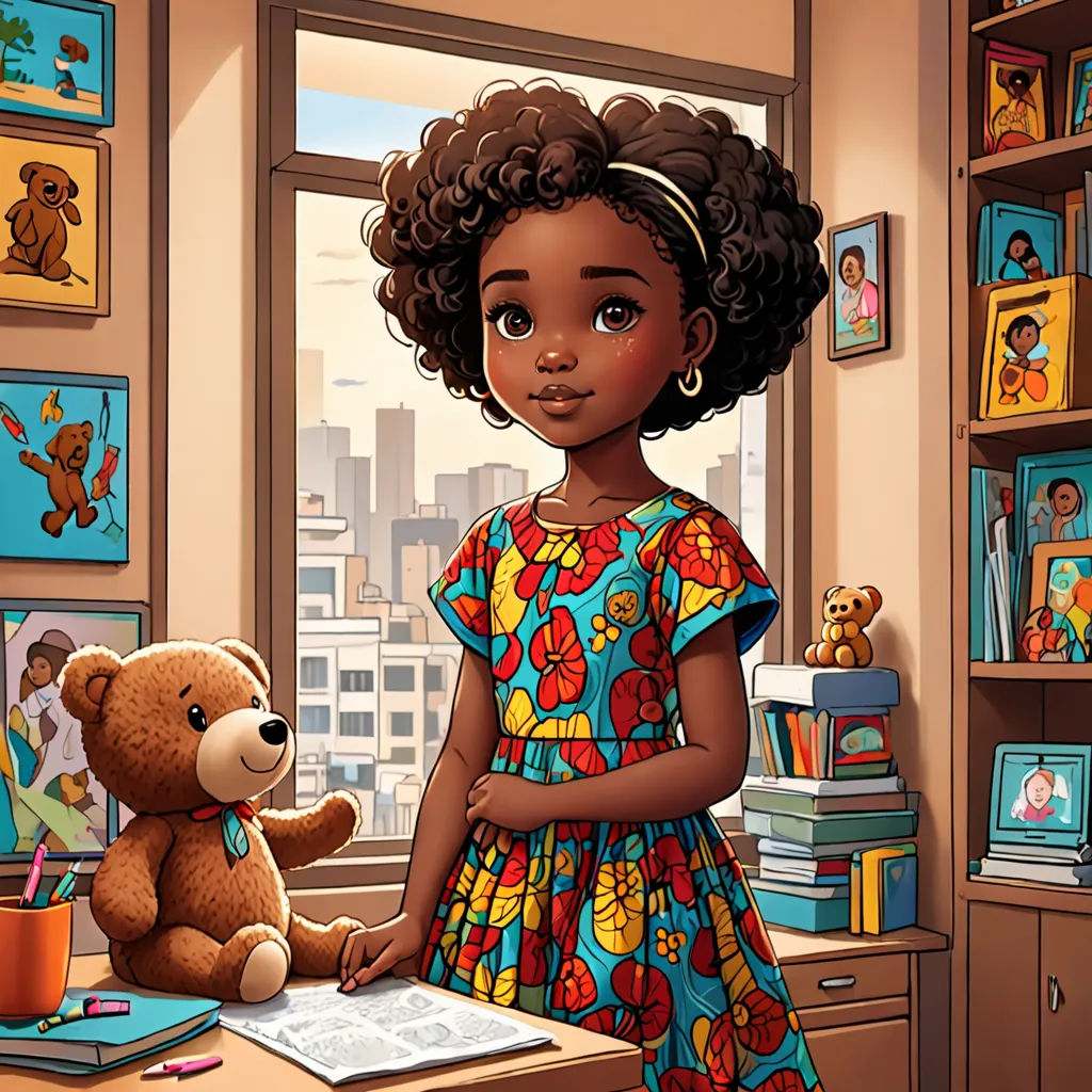 a young girl standing in front of a window next to a teddy bear and a bookcase filled with books, photorealism, a character portrait, Chinwe Chukwuogo-Roy, comic cover art