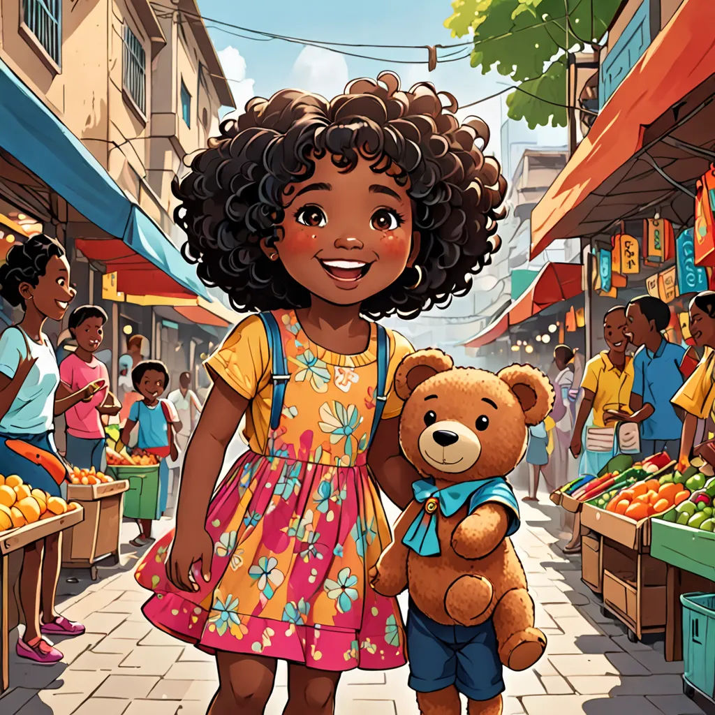 a young girl holding a teddy bear in a market place with other children in the background and a crowd of people, lyco art, a storybook illustration, Ella Guru, official art