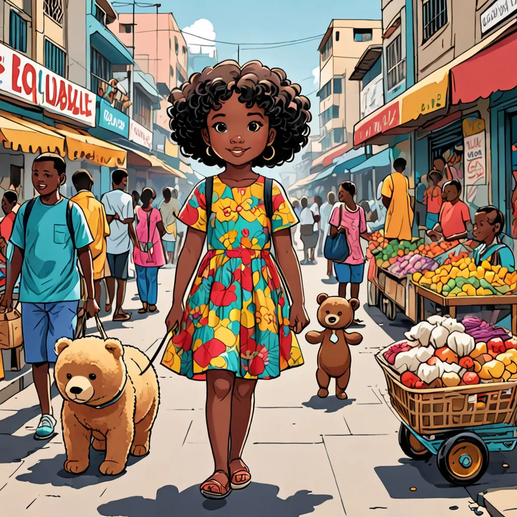a cartoon of a girl walking a dog in a market place with a cart of fruit and a teddy bear, afrofuturism, a storybook illustration, Chinwe Chukwuogo-Roy, comic cover art