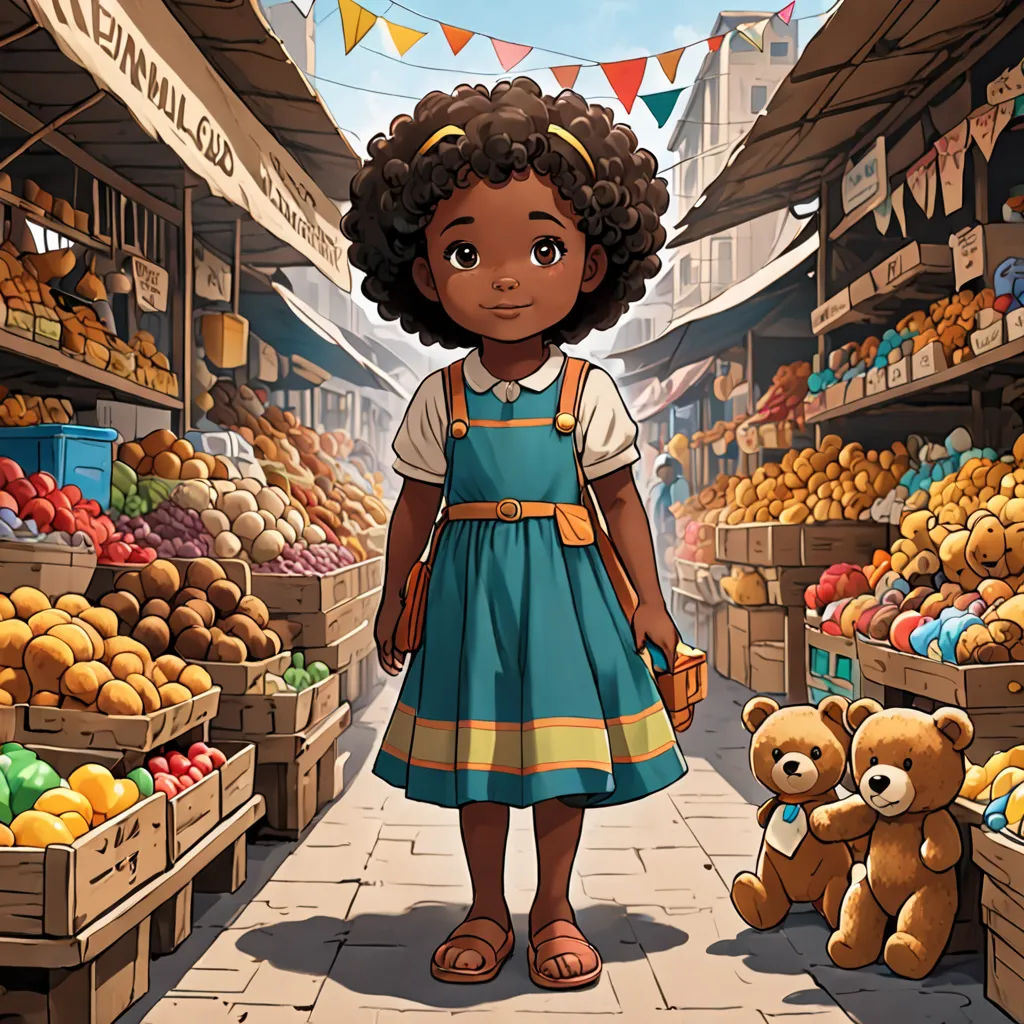 a cartoon girl standing in front of a market filled with fruit and vegetables and a teddy bear sitting on the ground, magical realism, a storybook illustration, Cliff Childs, official art