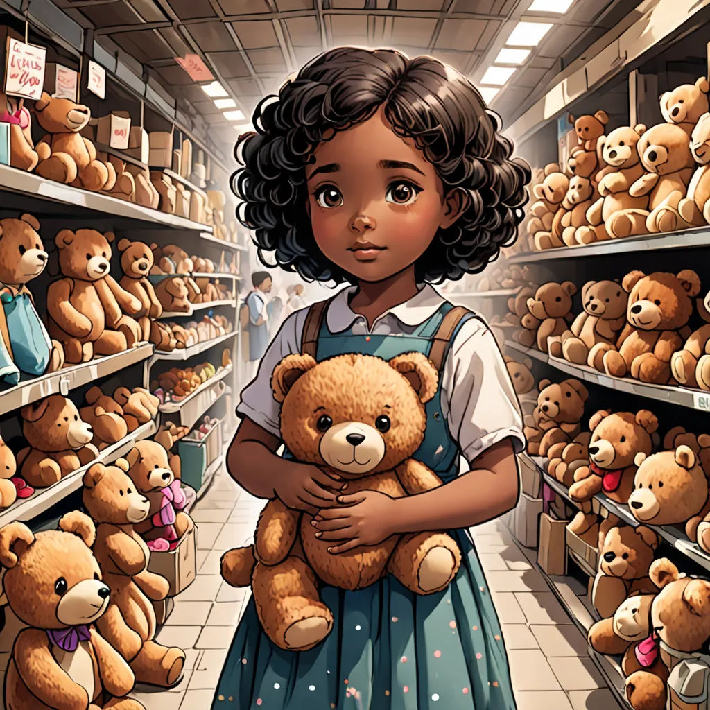 a girl holding a teddy bear in a store filled with teddy bears and other stuffed animals on shelves with shelves, magical realism, a storybook illustration, Cliff Childs, comic cover art