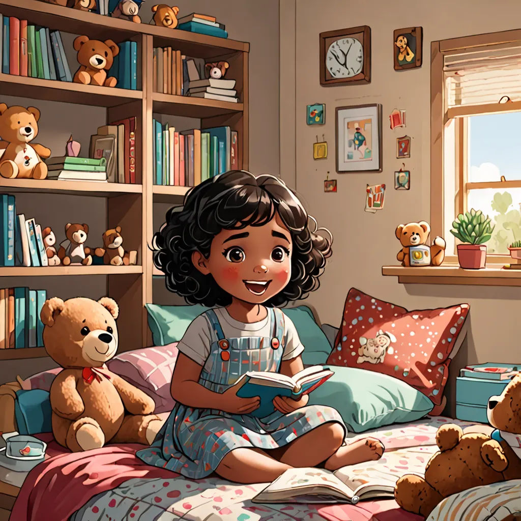 a little girl sitting on a bed reading a book with teddy bears nearby on the bed and a window, american scene painting, a storybook illustration, Diego Gisbert Llorens, storybook illustration