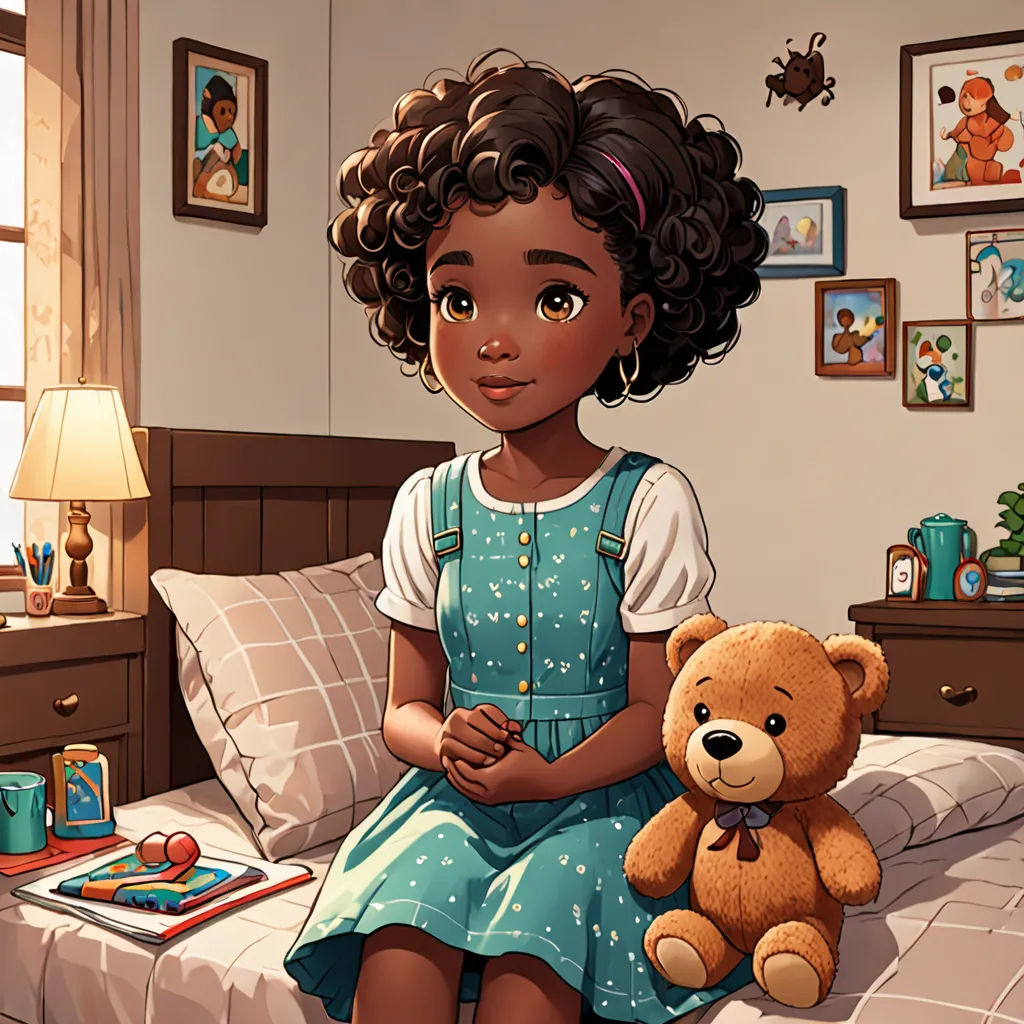 a little girl sitting on a bed with a teddy bear in her hand and a picture of a teddy bear on the wall, american scene painting, a storybook illustration, Constance Gordon-Cumming, kinkade