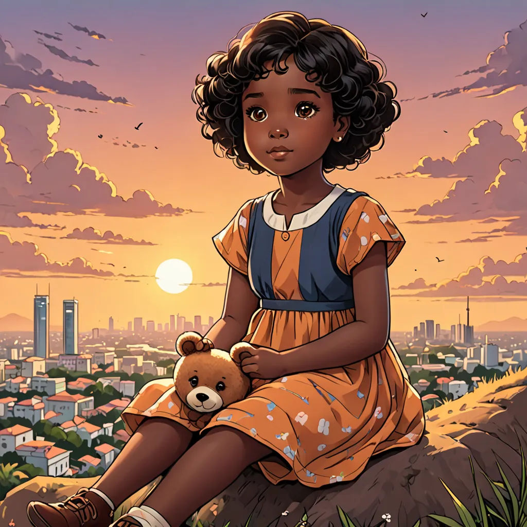 a little girl sitting on a hill with a teddy bear in her lap and a city in the background, afrofuturism, a storybook illustration, Chinwe Chukwuogo-Roy, comic cover art