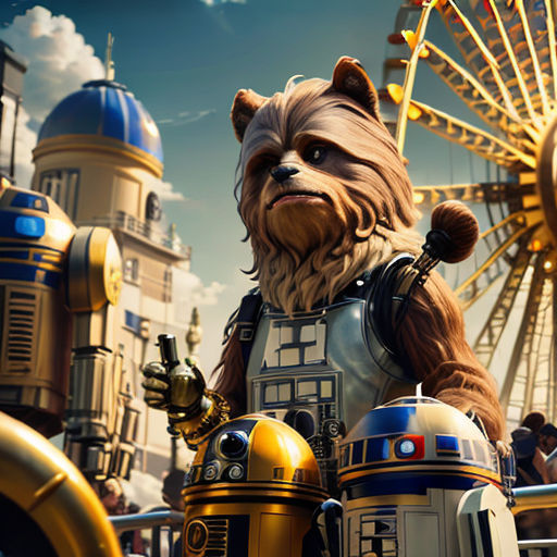 a star wars character standing next to a ferris wheel and a robot in a costume with a helmet on