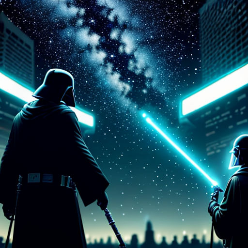 two people in silhouette with lightsabed in the sky and a city in the background with buildings and stars