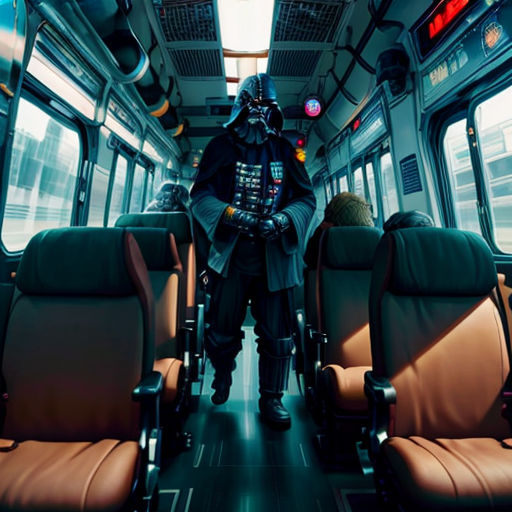 a man in a darth vader costume on a train with seats and a window in the background