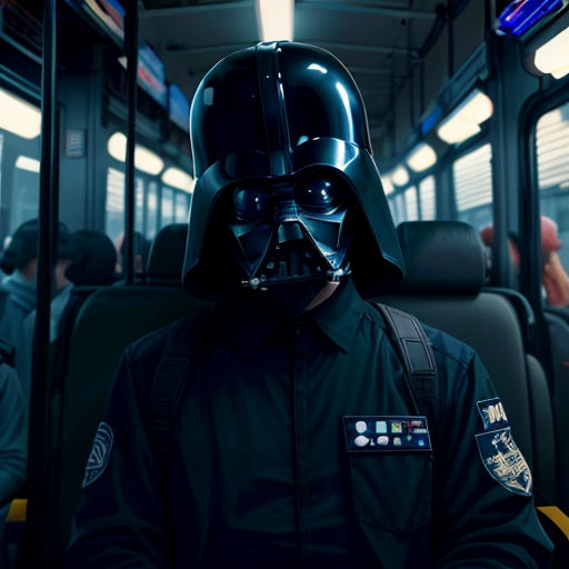 a man in a darth vader helmet on a bus with other people in the background on a bus