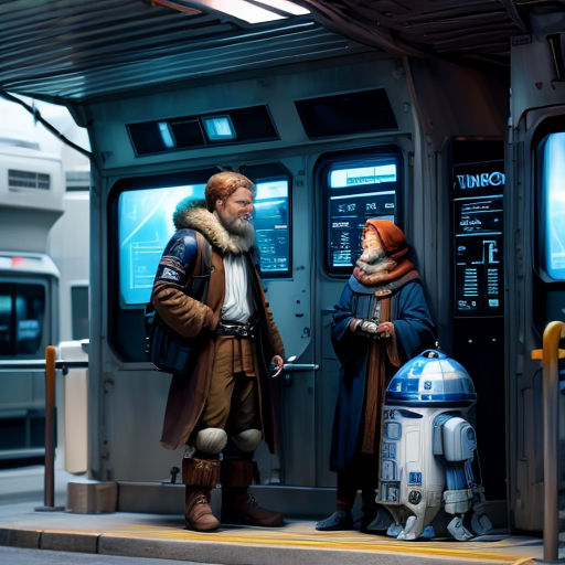 a man and a woman standing next to a robot on a train platform with a man in a costume