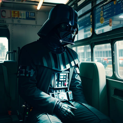 a man dressed as darth vader sitting on a bus in a dark room with windows and a window