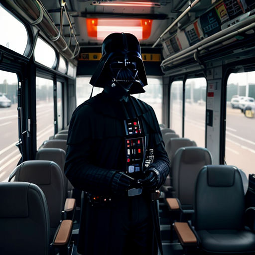 a man dressed as darth vader on a bus with seats and a table in front of him