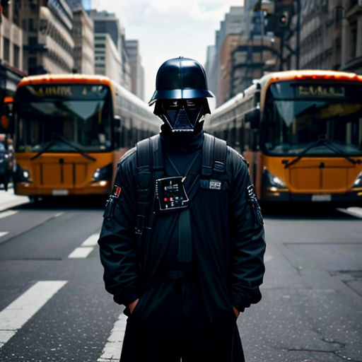 a man in a darth vader helmet standing in the middle of a street with buses in the background