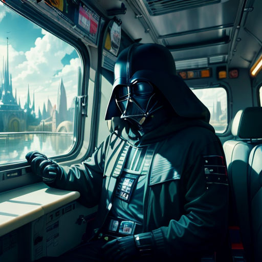 a man in a darth vader costume sitting on a train looking out the window at a castle