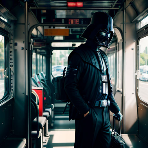 a man in a darth vader costume is standing on a train with luggage in his hand and a helmet on