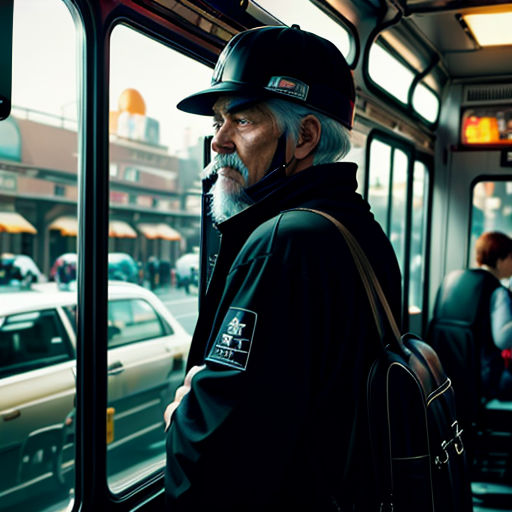 a man with a hat on a bus looking out the window at traffic on a busy street in the city