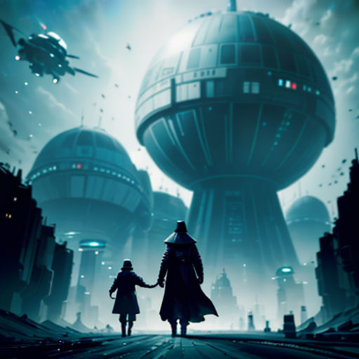 a man and a child walking in front of a futuristic city with a spaceship in the background and a spaceship in the sky