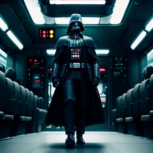 a man in a darth vader costume is standing in a train car with seats and lights on