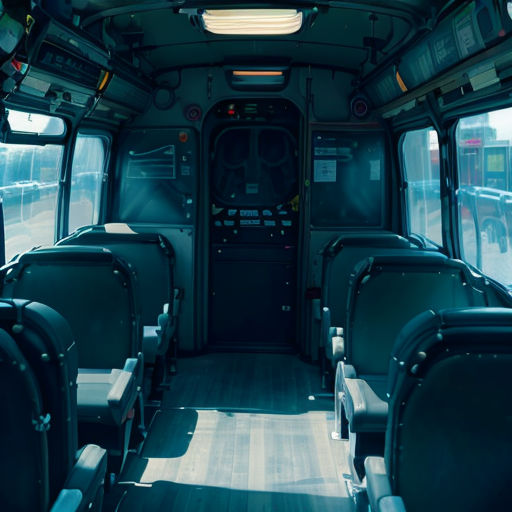 a bus with lots of seats and windows in it's interior area, with a view of the street